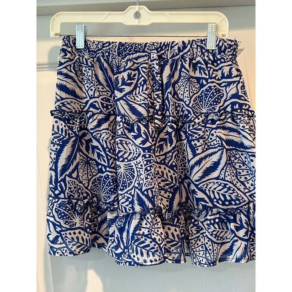 Sienna Sky Mini Skirt L Blue White Floral Tiered Lined  Fairy Core Whimsy - Picture 2 of 3